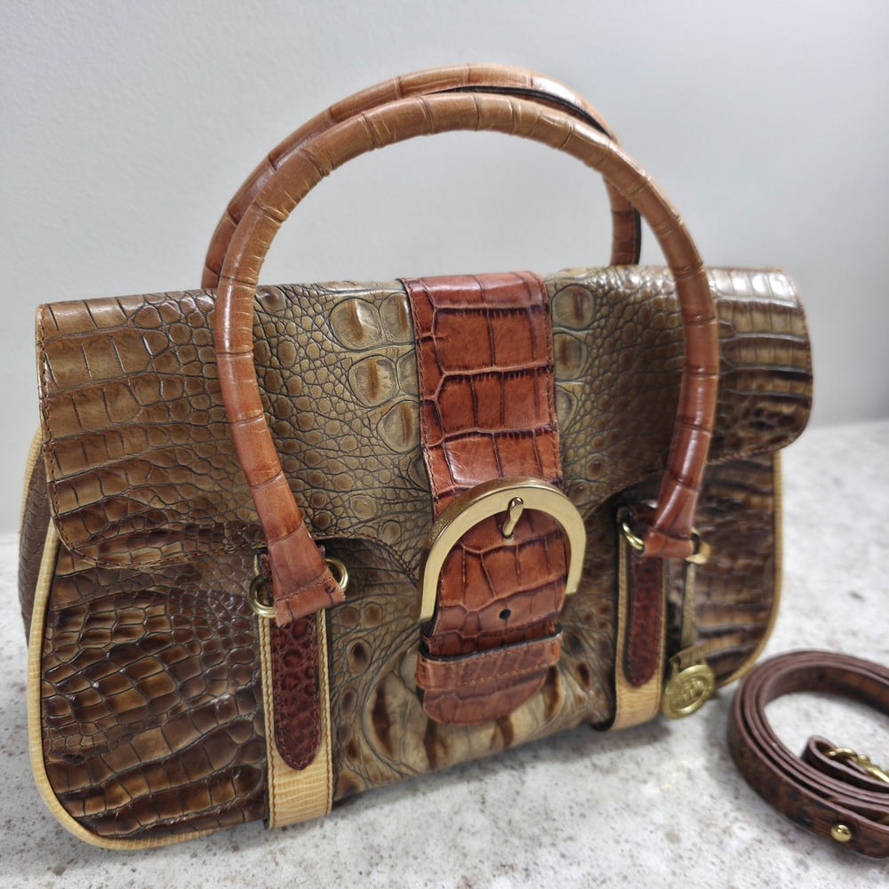 Brahmin Tricolor Collection Brown Croc Embossed Leather Satchel Handbag - Picture 2 of 16